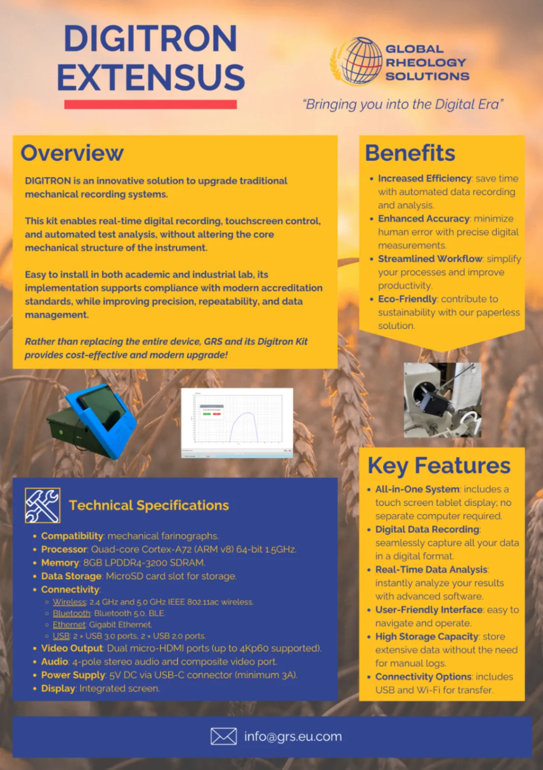 First supplied Digitron brochure page showing its overview, benefits, technical specifications, and key features.