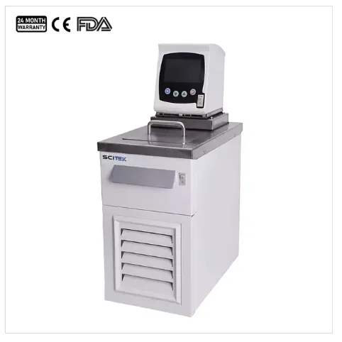 A white refrigerated heating circulator with a top control unit and front vents.